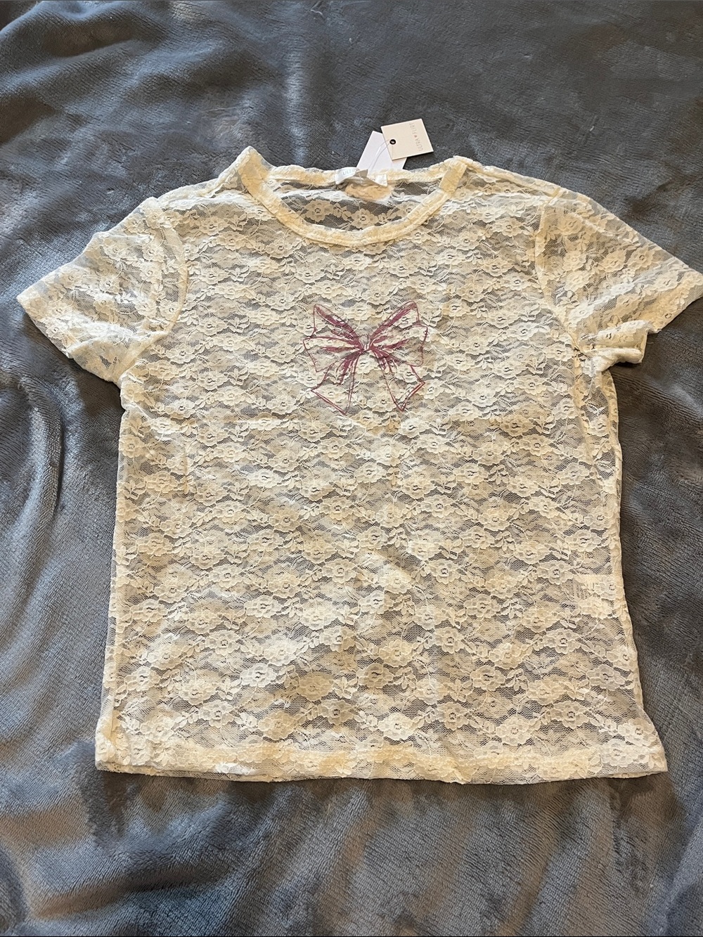 Lace Short-Sleeve Top with Pink Bow Detail